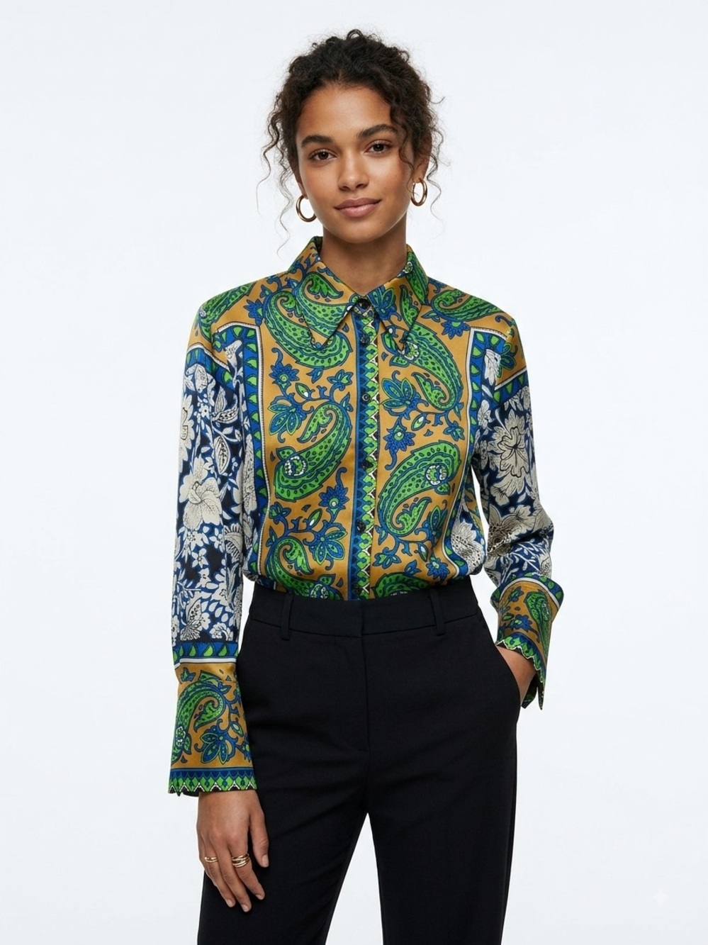 Zara Scarf Print Satin Blouse Paisley Floral Green Blue Mustard Size Small